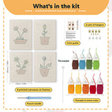 What is in the Windowsill Blooms set: 4 printed canvases, punch needle, threader, threads, color guide and 4 sets of hangers (6 × 8 in (15 × 20 cm) each)