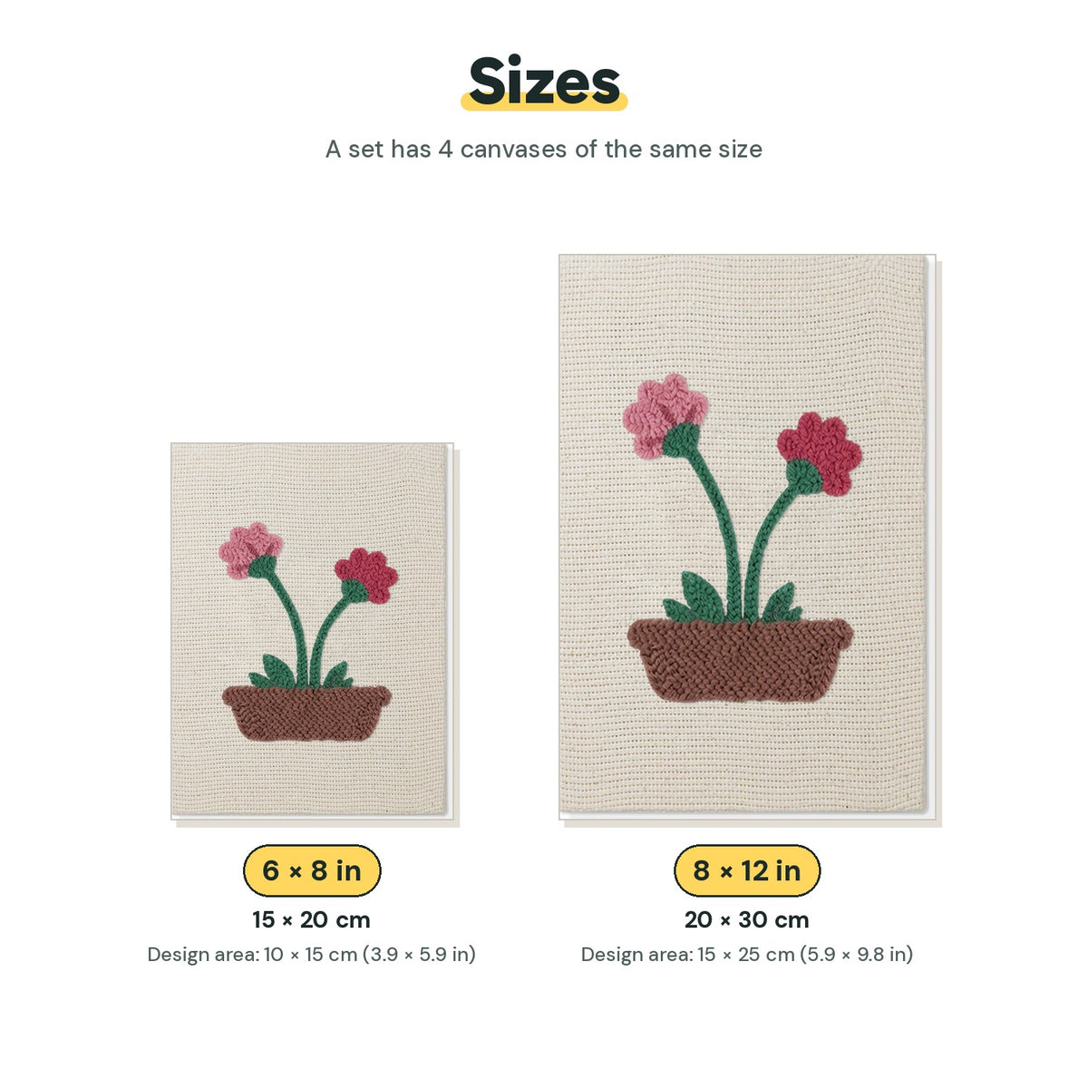 Size chart for the two mini canvas sizes: 6 x 8 in and 8 x 12 in