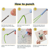 Six steps showing how to thread and use the punch needle