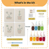 What is in the Windowsill Blooms set, 8 × 12 in (20 × 30 cm) each: 4 printed canvases, punch needle, threader, threads, color guide and 4 sets of hangers