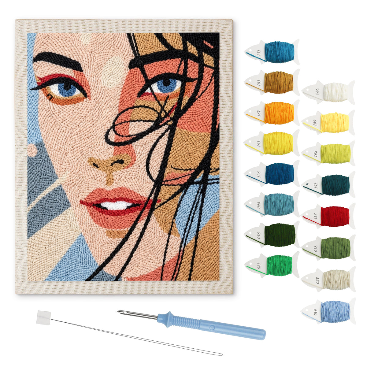 Windswept Hair punch needle kit: finished canvas with threads, punch needle and threader
