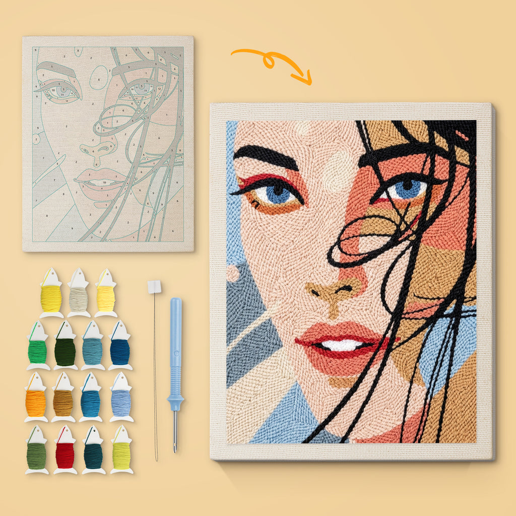 Windswept Hair canvas before and after punching, with the threads and tools