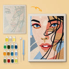Windswept Hair canvas before and after punching, with the threads and tools