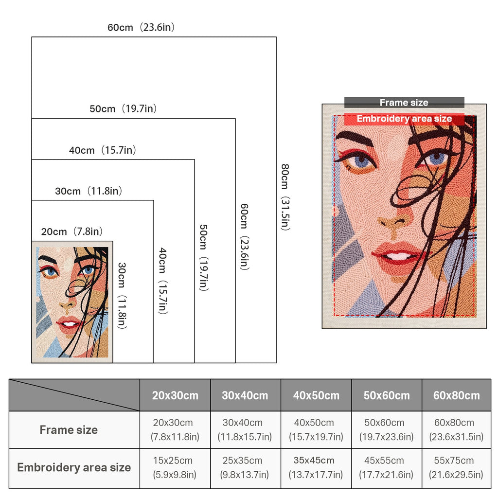 Size chart for punch needle kits from 20 x 30 cm to 60 x 80 cm