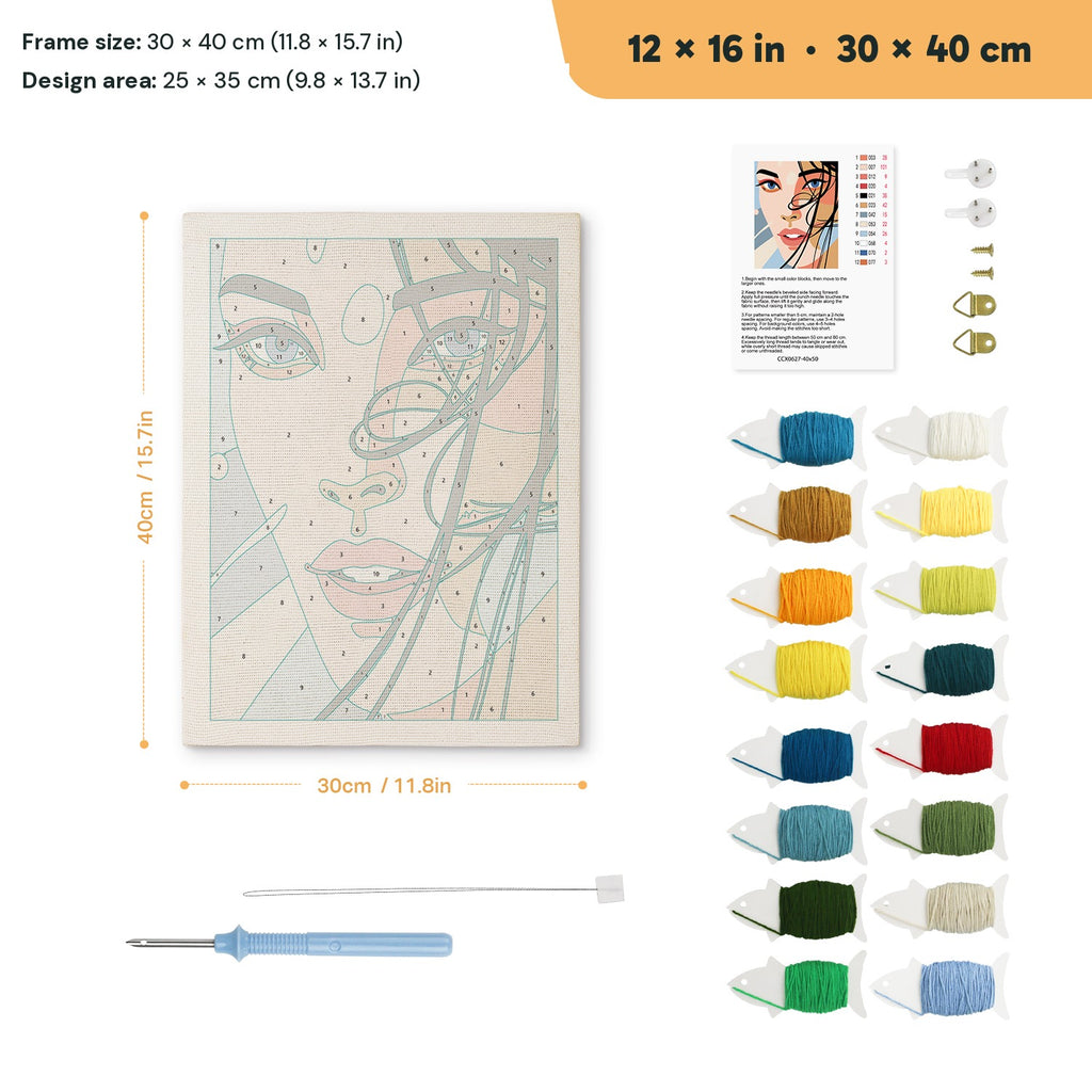 Windswept Hair punch needle kit, 12 × 16 in (30 × 40 cm): canvas size and kit contents