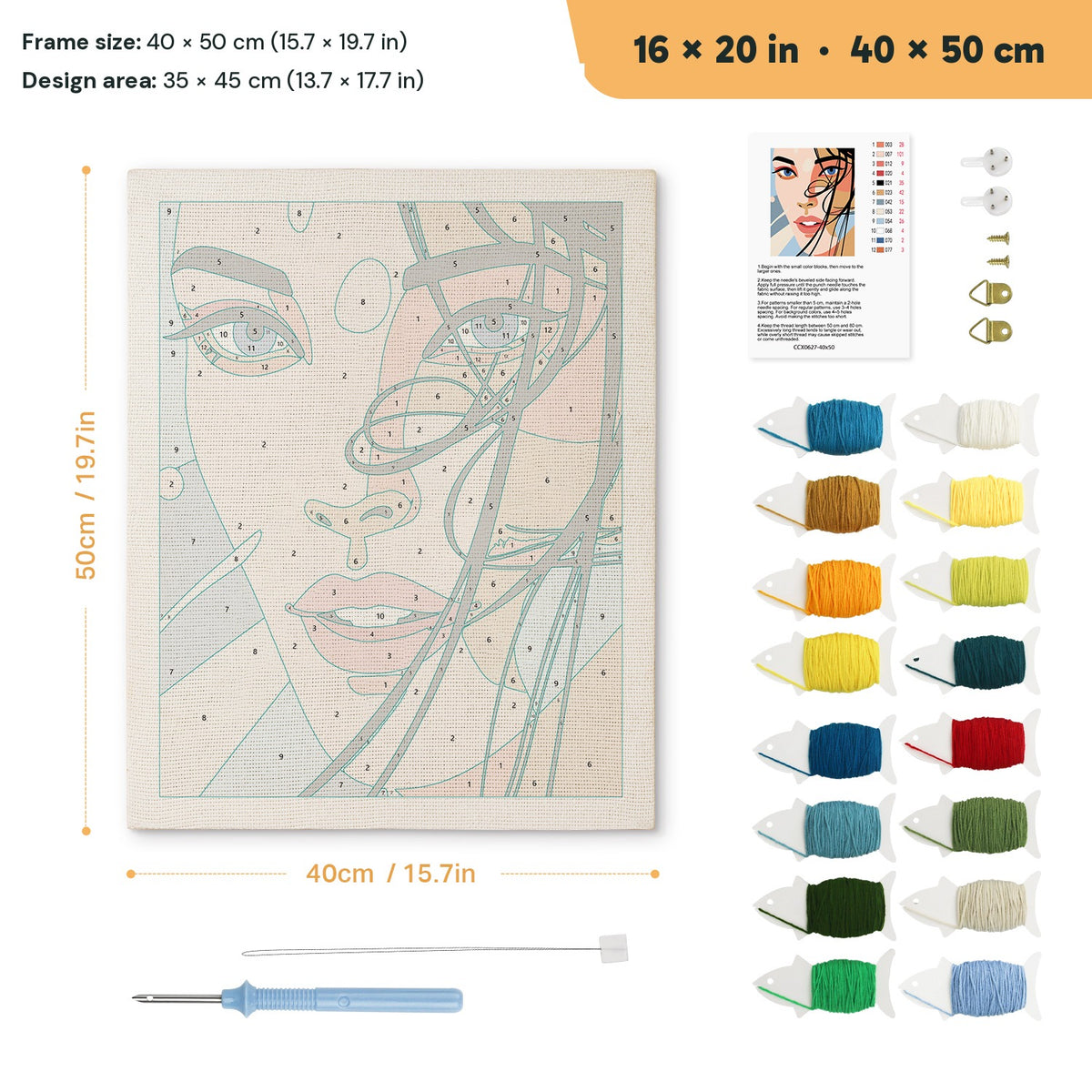 Windswept Hair punch needle kit, 16 × 20 in (40 × 50 cm): canvas size and kit contents