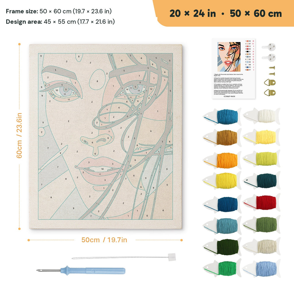 Windswept Hair punch needle kit, 20 × 24 in (50 × 60 cm): canvas size and kit contents