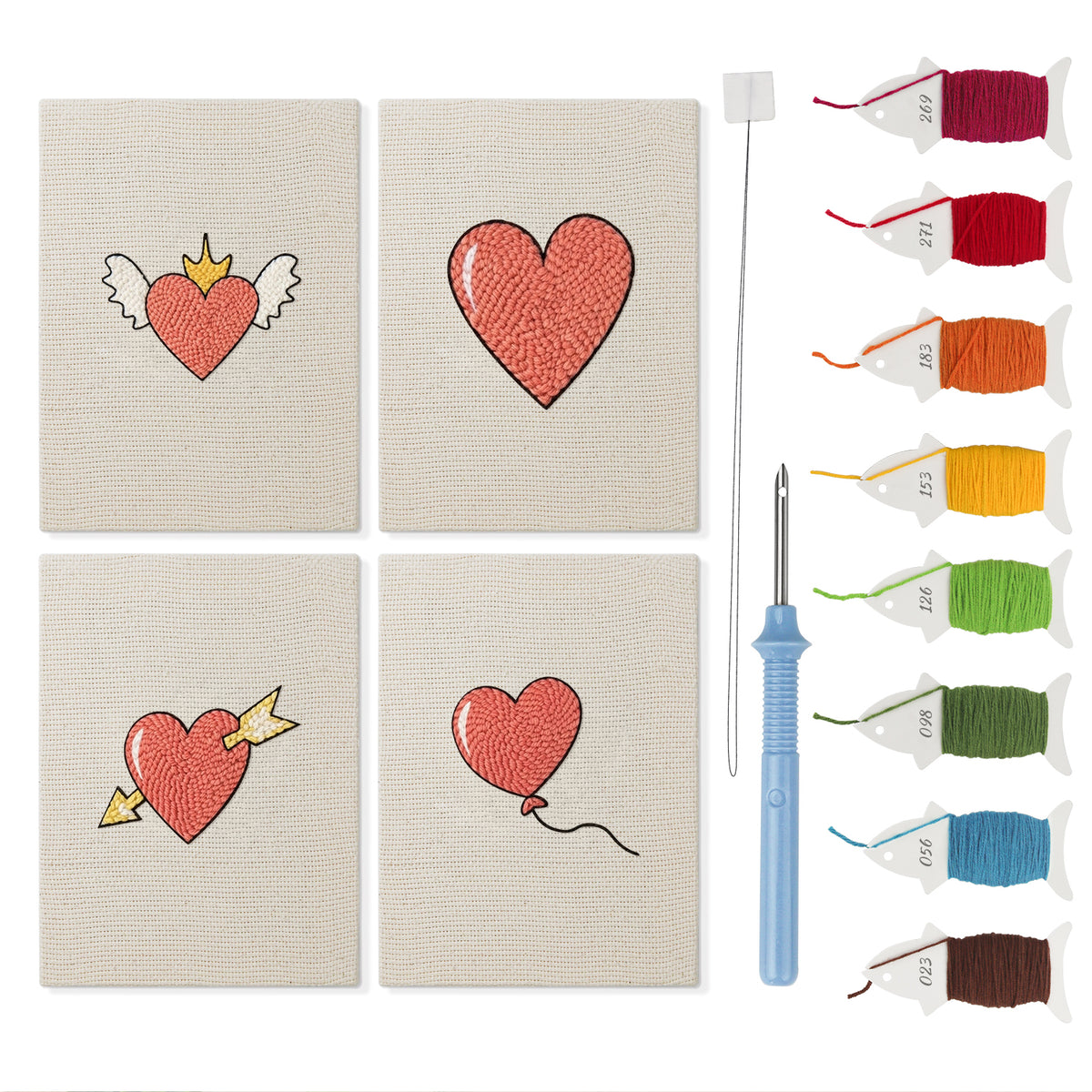 Winged Heart Mix mini punch needle kit set: four finished canvases with threads, punch needle and threader