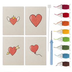 Winged Heart Mix mini punch needle kit set: four finished canvases with threads, punch needle and threader
