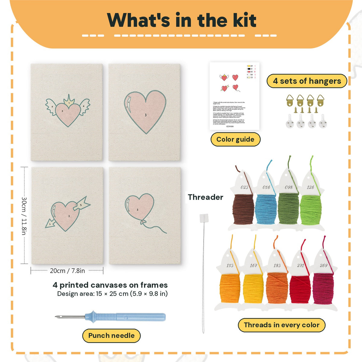 What is in the Winged Heart Mix set, 8 × 12 in (20 × 30 cm) each: 4 printed canvases, punch needle, threader, threads, color guide and 4 sets of hangers