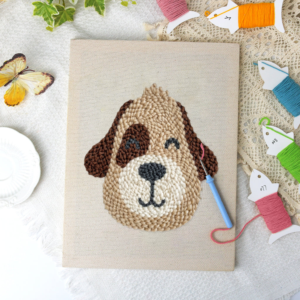 Winking Puppy punch needle kit: finished canvas with threads, punch needle and threader