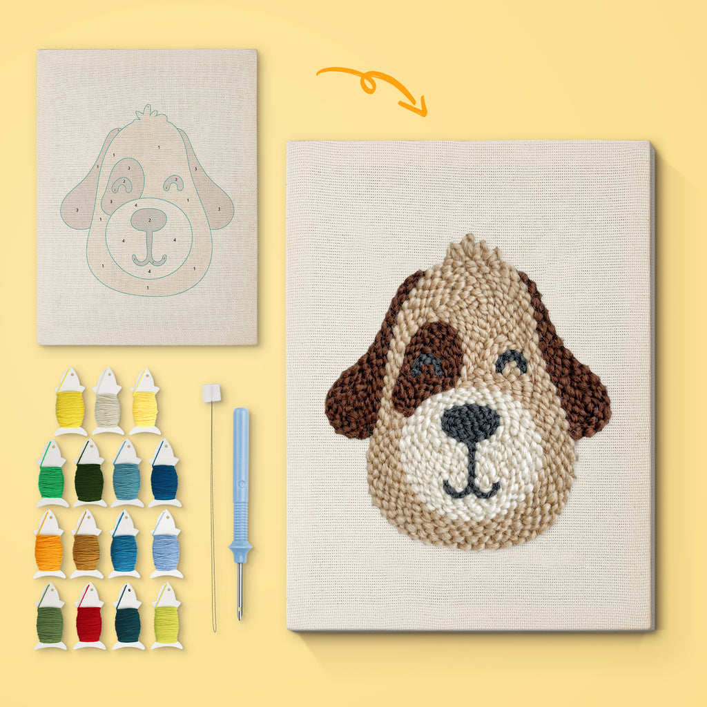 Winking Puppy canvas before and after punching, with the threads and tools