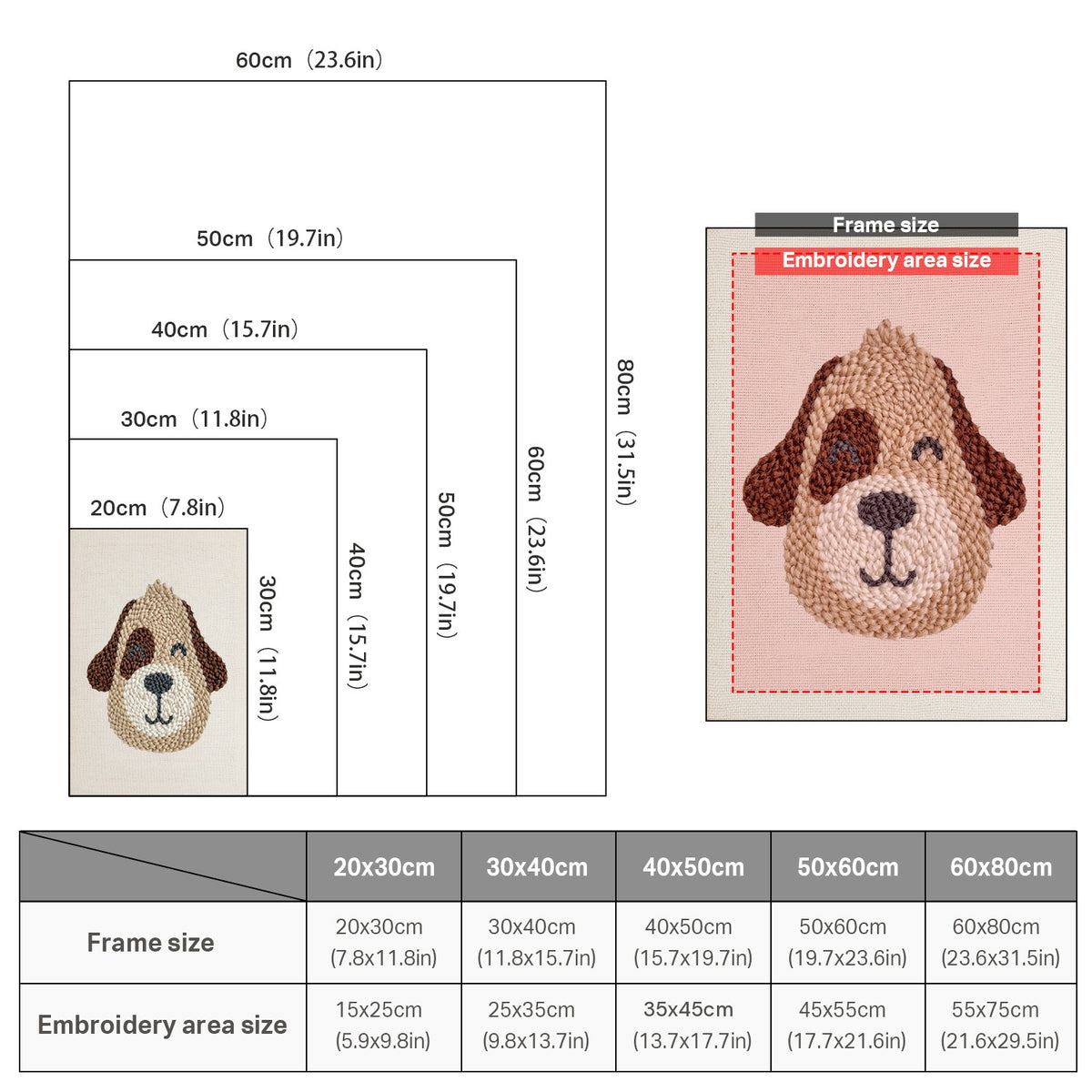 Size chart for punch needle kits from 20 x 30 cm to 60 x 80 cm