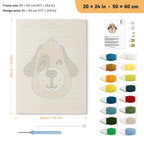 Winking Puppy punch needle kit, 20 × 24 in (50 × 60 cm): canvas size and kit contents