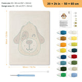 Winking Puppy punch needle kit, 20 × 24 in (50 × 60 cm): canvas size and kit contents