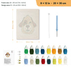 Winking Puppy punch needle kit, 8 × 12 in (20 × 30 cm): canvas size and kit contents