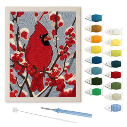 Winter Cardinal punch needle kit: finished canvas with threads, punch needle and threader