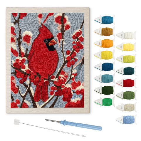 Winter Cardinal punch needle kit: finished canvas with threads, punch needle and threader