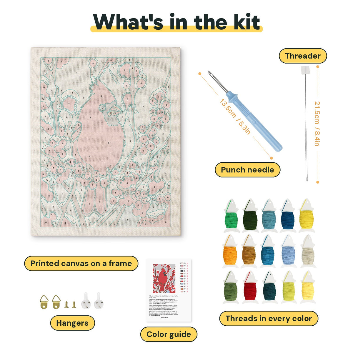 What is in the Winter Cardinal kit: printed canvas, punch needle, threader, threads, color guide and hangers