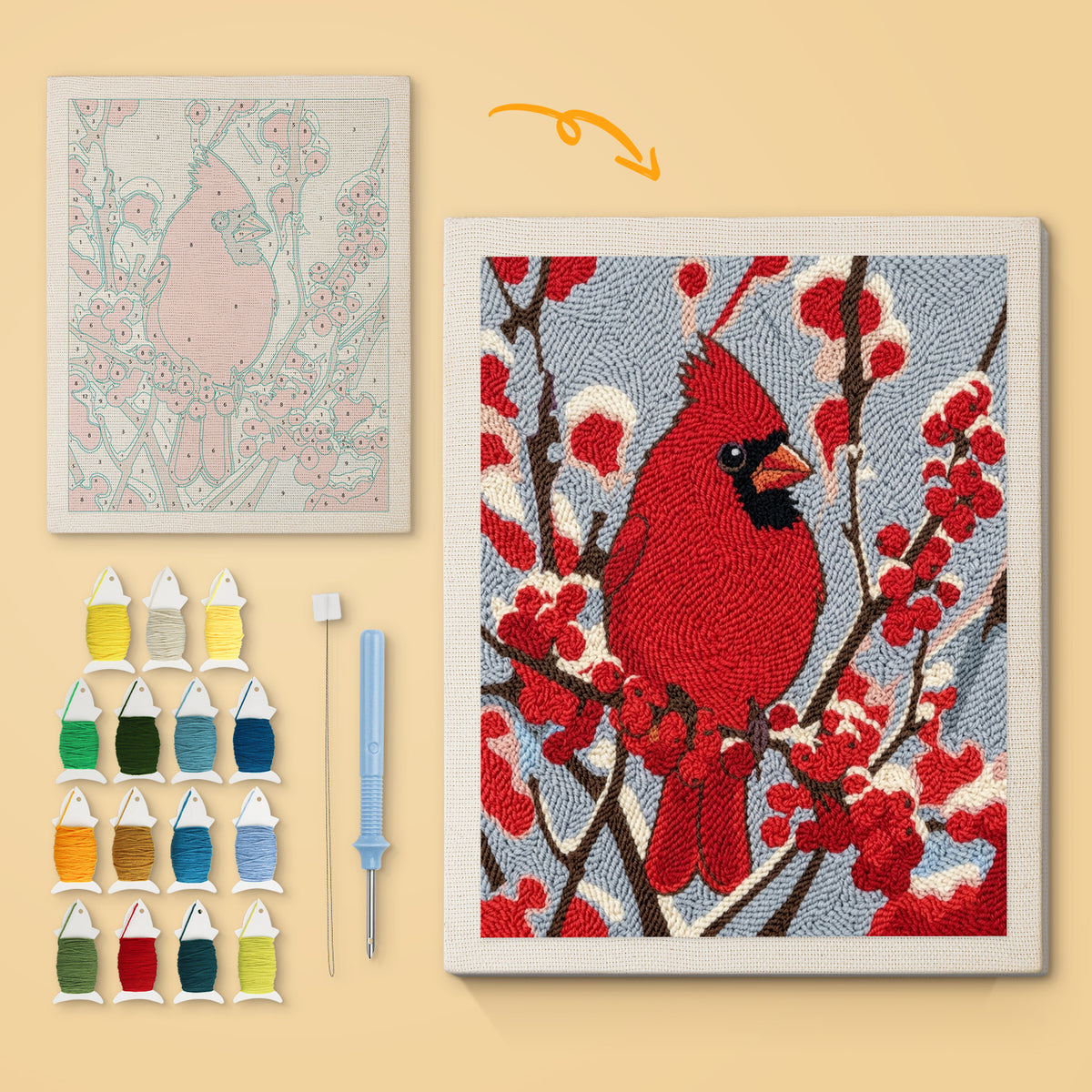 Winter Cardinal canvas before and after punching, with the threads and tools