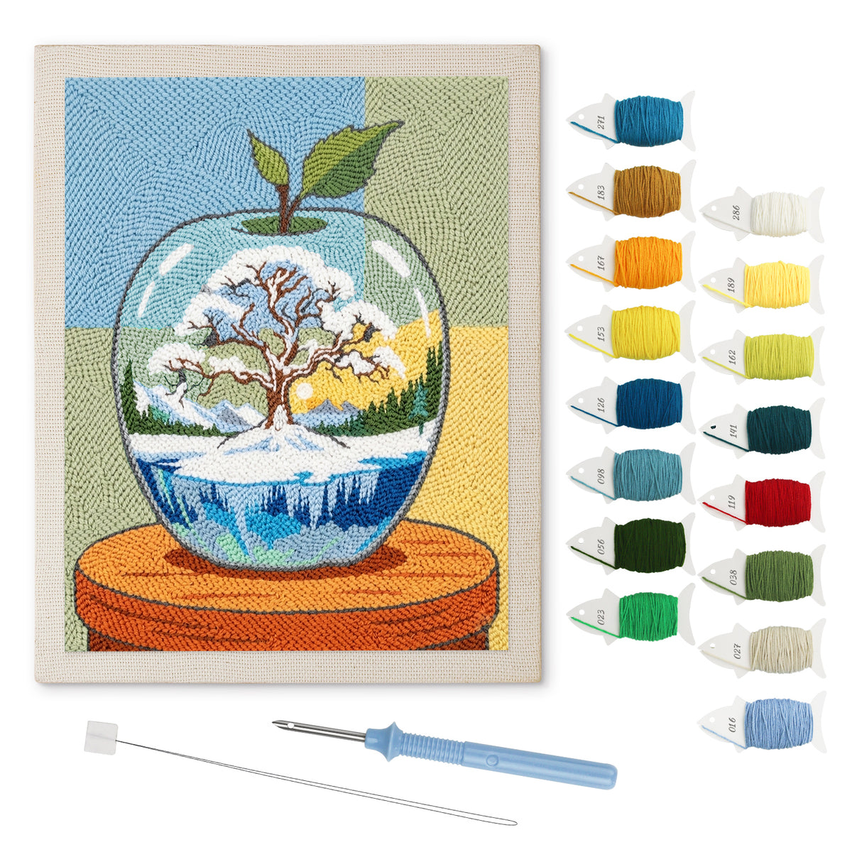 Winter Glass Apple punch needle kit: finished canvas with threads, punch needle and threader