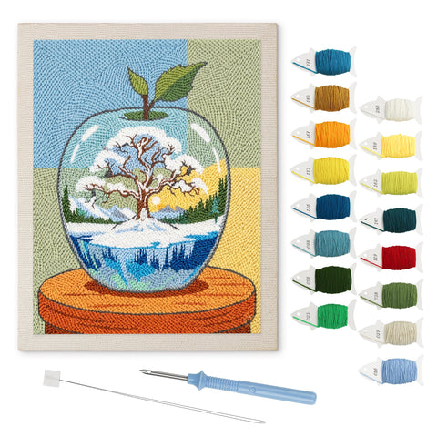 Winter Glass Apple punch needle kit: finished canvas with threads, punch needle and threader