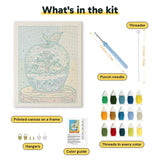 What is in the Winter Glass Apple kit: printed canvas, punch needle, threader, threads, color guide and hangers