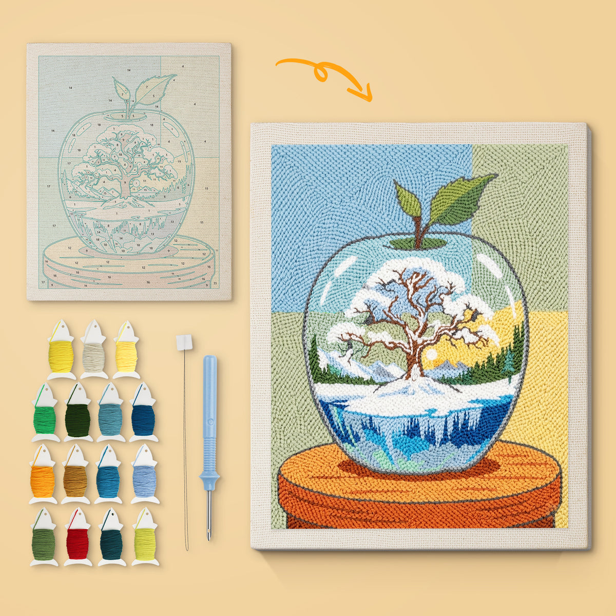 Winter Glass Apple canvas before and after punching, with the threads and tools