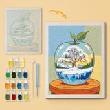Winter Glass Apple canvas before and after punching, with the threads and tools