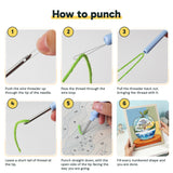 Six steps showing how to thread and use the punch needle