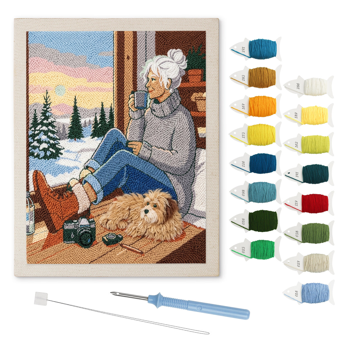 Winter Porch Morning punch needle kit: finished canvas with threads, punch needle and threader