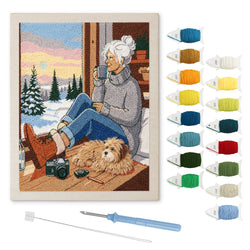 Winter Porch Morning punch needle kit: finished canvas with threads, punch needle and threader