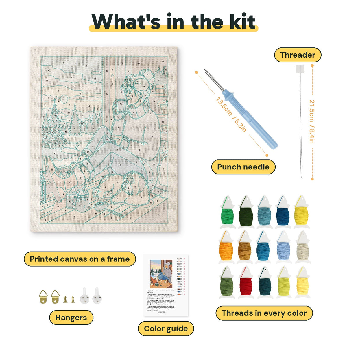 What is in the Winter Porch Morning kit: printed canvas, punch needle, threader, threads, color guide and hangers