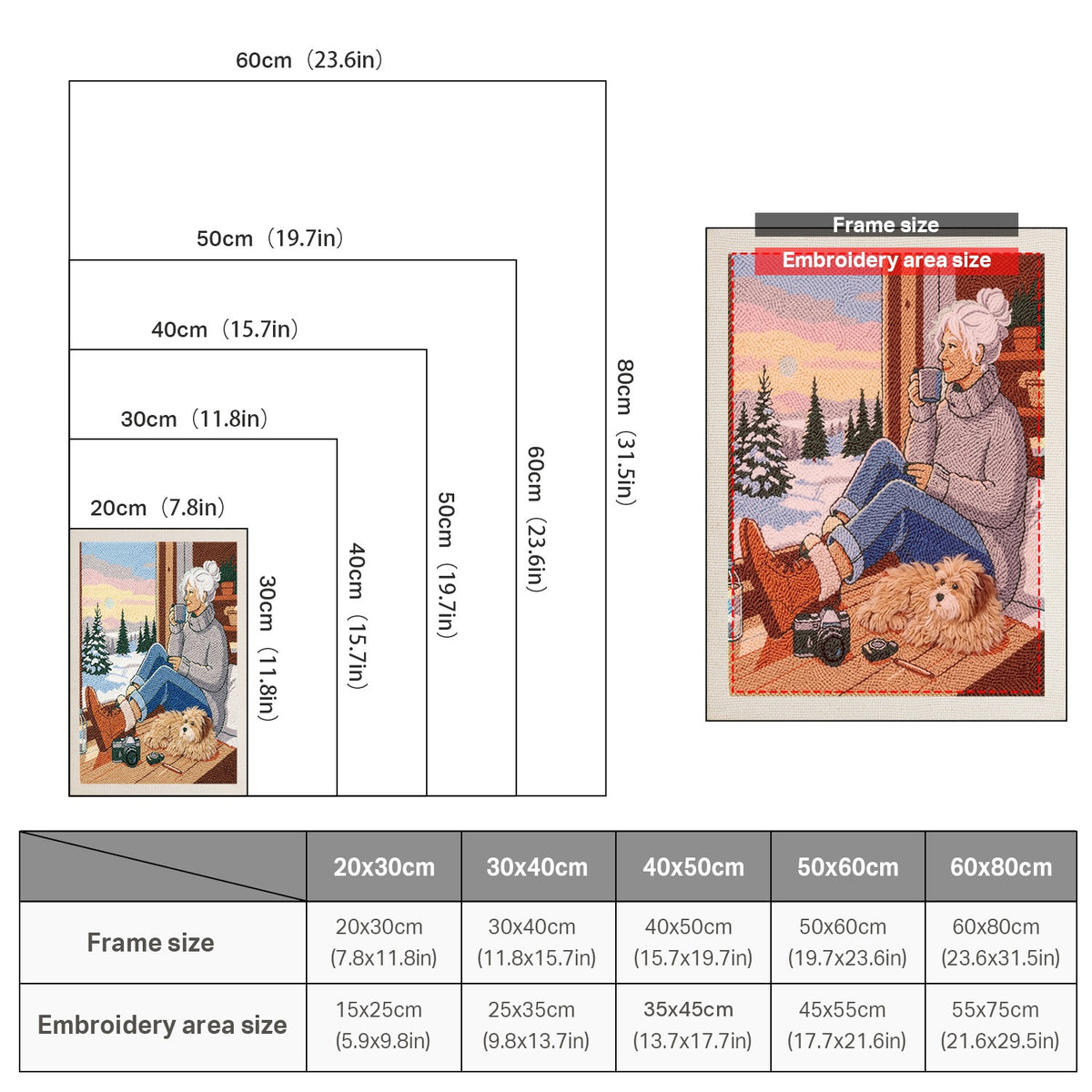 Size chart for punch needle kits from 20 x 30 cm to 60 x 80 cm