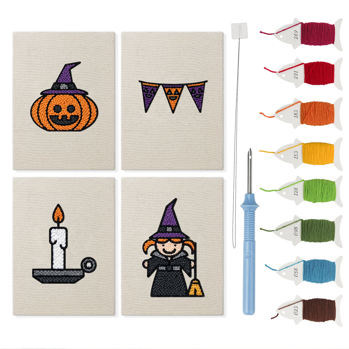 Witch and Bunting mini punch needle kit set: four finished canvases with threads, punch needle and threader