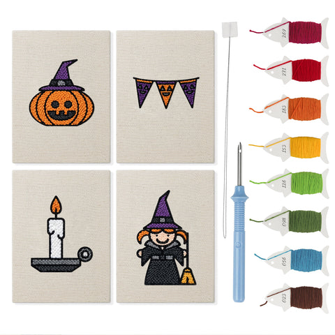 Witch and Bunting mini punch needle kit set: four finished canvases with threads, punch needle and threader