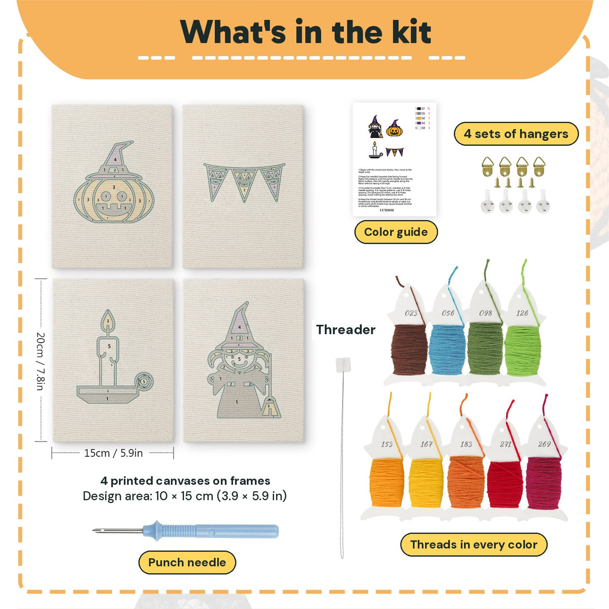 What is in the Witch and Bunting set: 4 printed canvases, punch needle, threader, threads, color guide and 4 sets of hangers (6 × 8 in (15 × 20 cm) each)