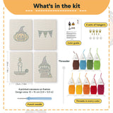 What is in the Witch and Bunting set: 4 printed canvases, punch needle, threader, threads, color guide and 4 sets of hangers (6 × 8 in (15 × 20 cm) each)