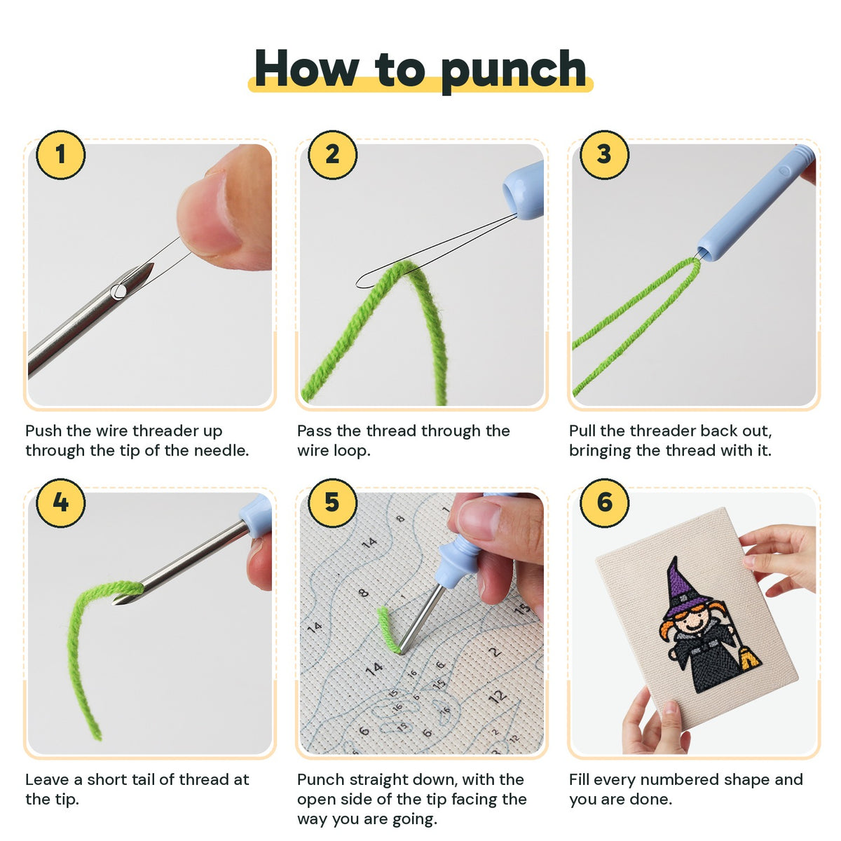 Six steps showing how to thread and use the punch needle