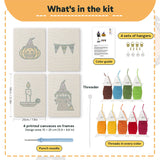What is in the Witch and Bunting set, 8 × 12 in (20 × 30 cm) each: 4 printed canvases, punch needle, threader, threads, color guide and 4 sets of hangers