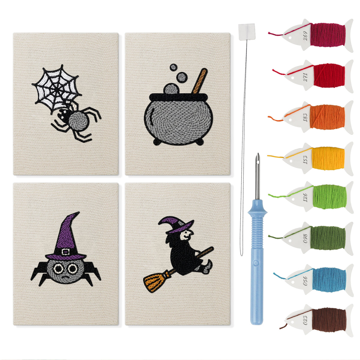 Witch and Cauldron mini punch needle kit set: four finished canvases with threads, punch needle and threader