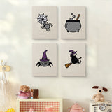 The four Witch and Cauldron mini canvases on a wall above a shelf