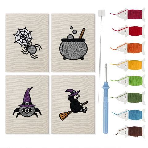 Witch and Cauldron mini punch needle kit set: four finished canvases with threads, punch needle and threader