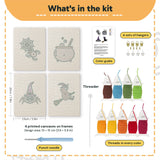 What is in the Witch and Cauldron set: 4 printed canvases, punch needle, threader, threads, color guide and 4 sets of hangers (6 × 8 in (15 × 20 cm) each)