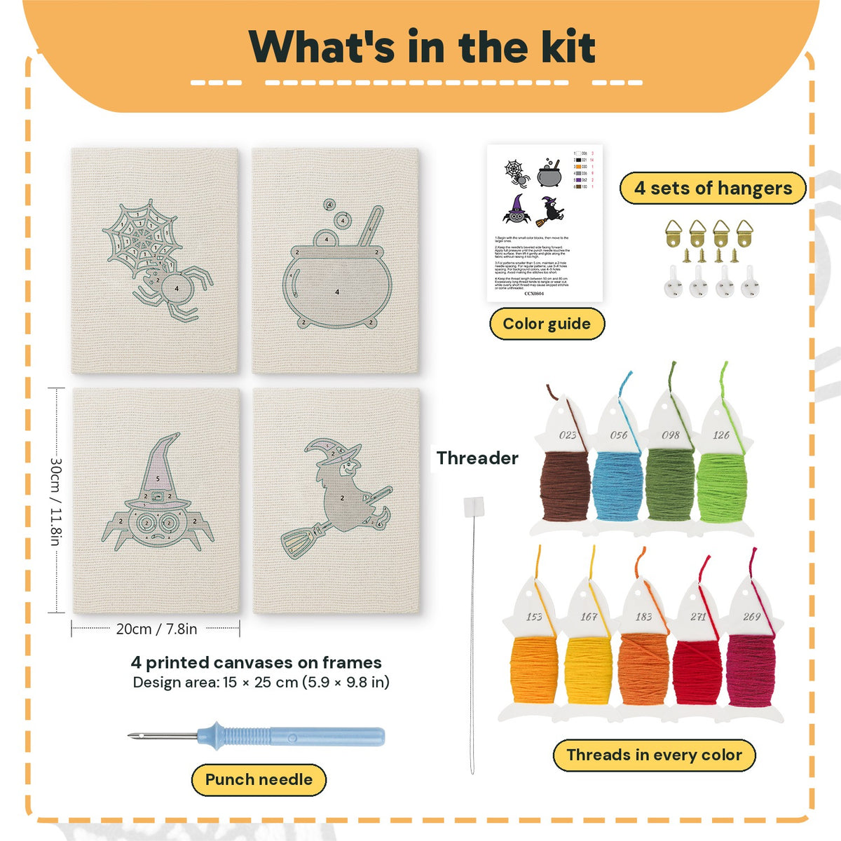 What is in the Witch and Cauldron set, 8 × 12 in (20 × 30 cm) each: 4 printed canvases, punch needle, threader, threads, color guide and 4 sets of hangers
