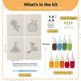 What is in the Witch and Cauldron set, 8 × 12 in (20 × 30 cm) each: 4 printed canvases, punch needle, threader, threads, color guide and 4 sets of hangers
