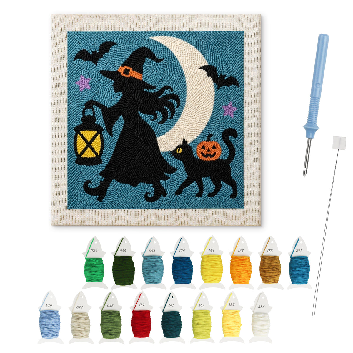 Witch and Lantern punch needle kit: finished canvas with threads, punch needle and threader
