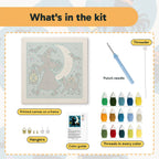 What is in the Witch and Lantern kit: printed canvas, punch needle, threader, threads, color guide and hangers