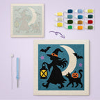 Witch and Lantern canvas before and after punching, with the threads and tools