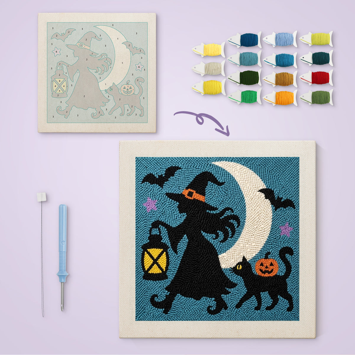 Witch and Lantern canvas before and after punching, with the threads and tools